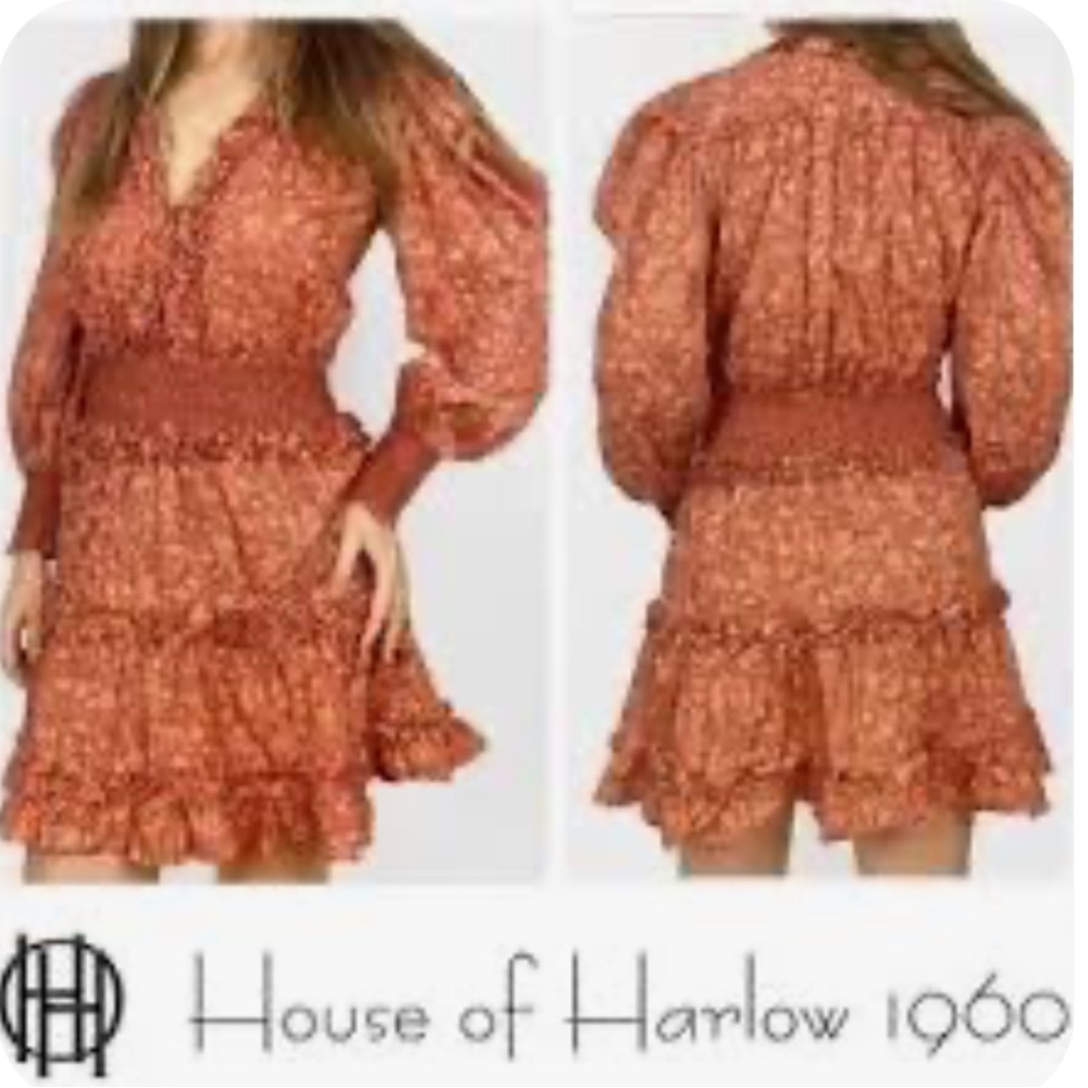 House of Harlow 1960 Wallis Rust Floral Boho Smocked ruffle tiered dress M